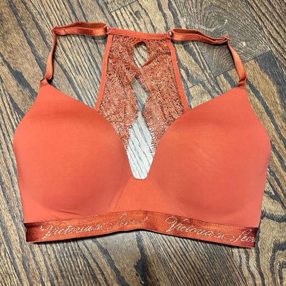 EUC Victoria’s Secret T-Shirt Lightly Lined Wireless Bra 32D Burnt Orange Lace - Picture 4 of 14